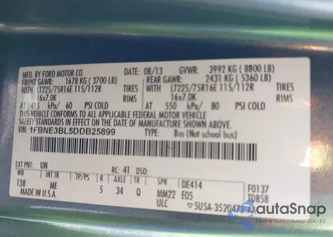 2013 Ford E-350 Super Duty Xlt из США, поврежденный, VIN 1FBNE3BL5DDB25899